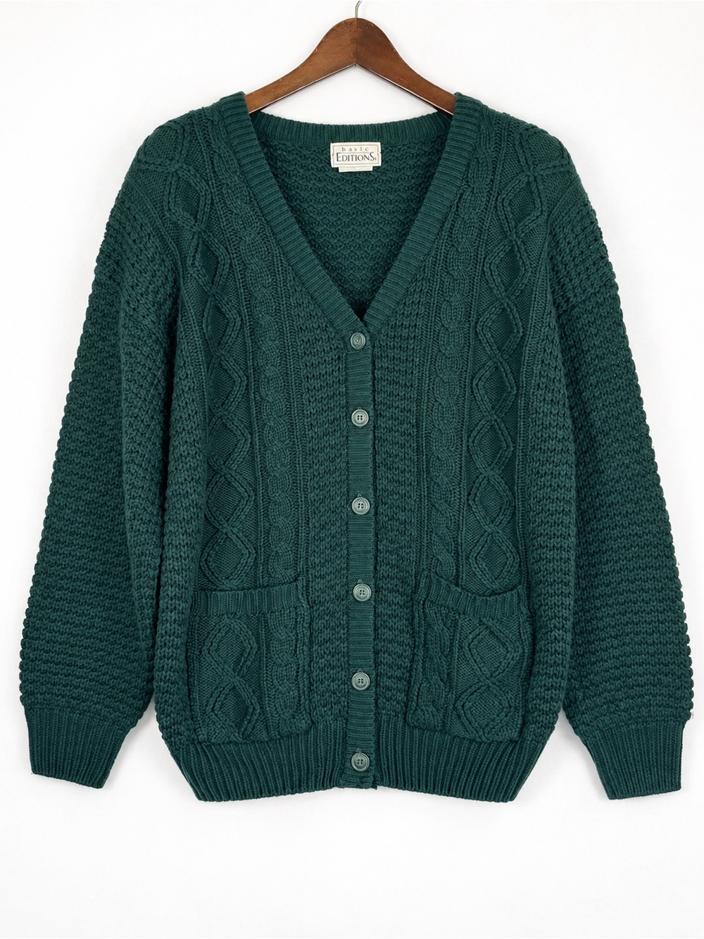 Vintage 90s Basic Editions Green Chunky Cable Knit Cardigan XL